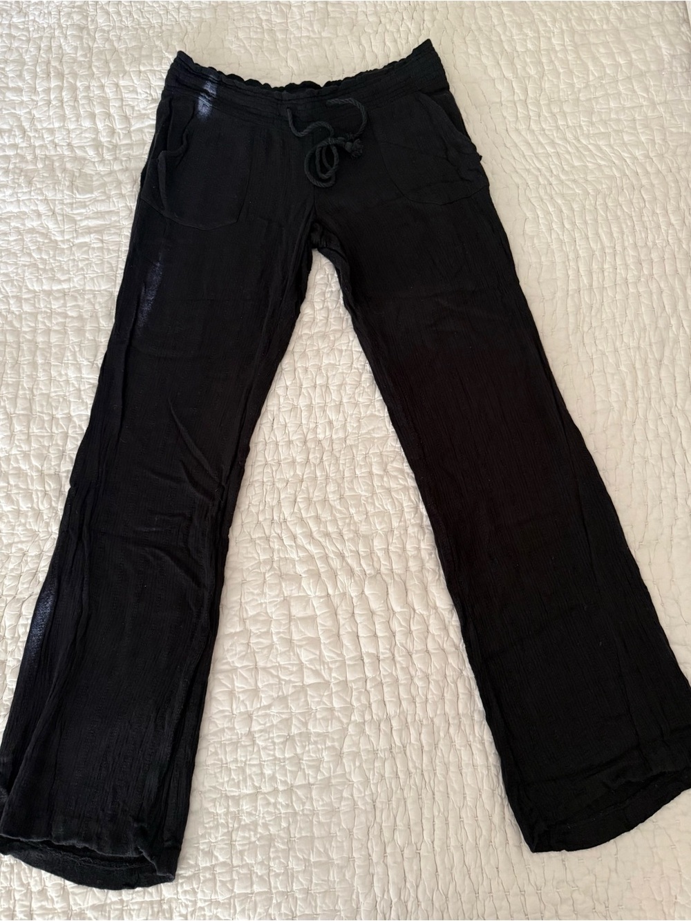 Roxy Black Textured Wide-Leg Drawstring Pants